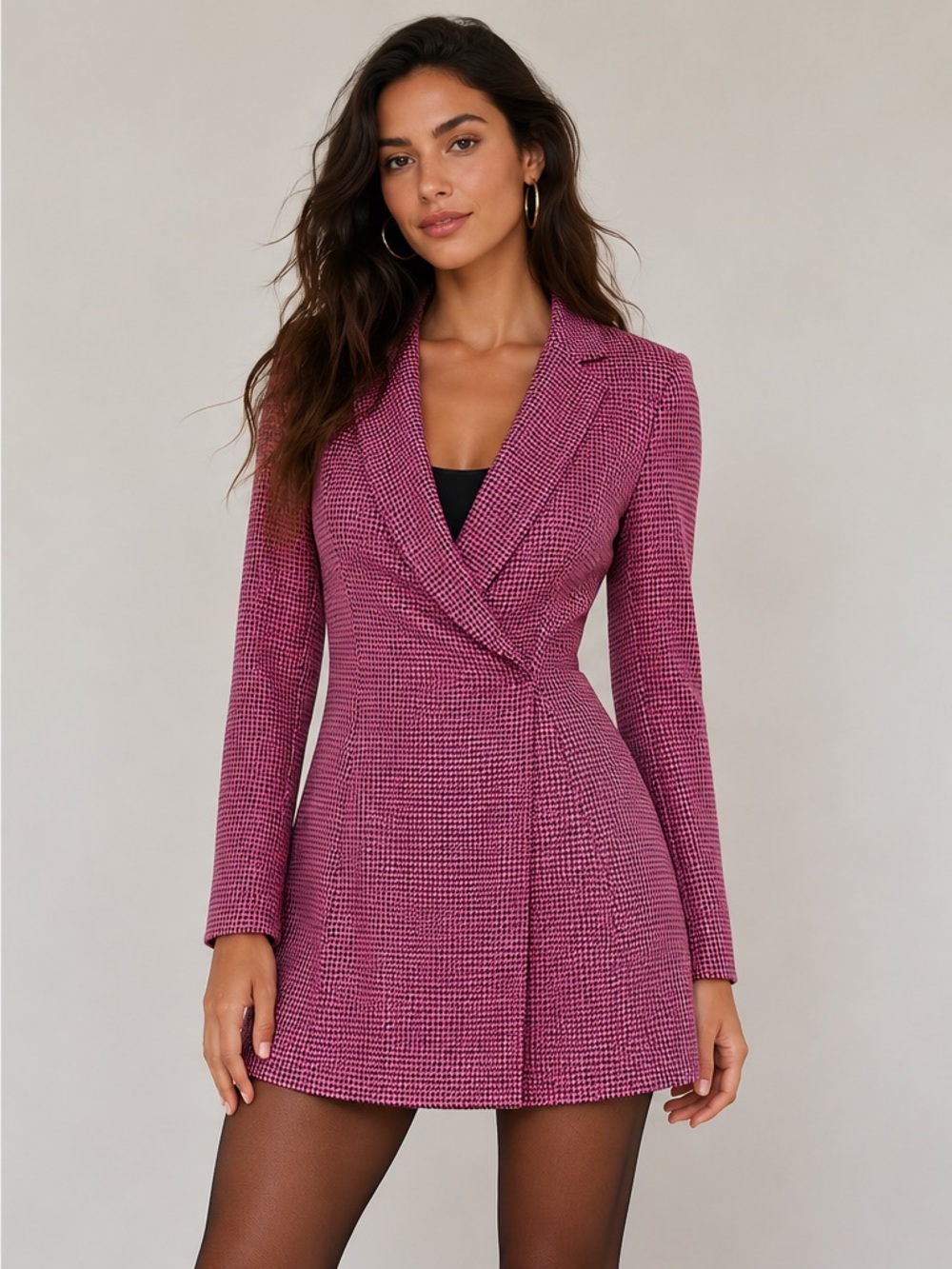 Zara Pink and Black Houndstooth Wrap-Front Dress (Size L)